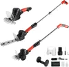 A collage of an electric hedge trimmer in different configurations and included accessories. Produktbild-Vorschau