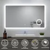 A bathroom mirror with integrated LED lighting and various features highlighted by icons and text. Produktbild-Vorschau
