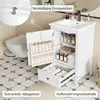 A bathroom vanity cabinet with its doors and drawers open, showcasing storage compartments and products inside, next to a toilet. Produktbild-Vorschau
