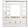A close-up view of the lower section of a white bunk bed, showing the wooden slats of the mattress base and decorative stars cut out of the lower panel. Voir les images du produit