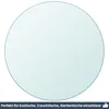 A round glass tabletop on a white background with text overlay at the bottom. Produktbild-Vorschau