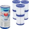 A product shot of multiple swimming pool filter cartridges, with one packaged unit on the left and three loose units stacked on the right. Produktbild-Vorschau