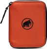 A close-up, front-facing view of an orange wallet with a black zipper and a black mammoth logo.