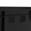 A close-up view of a black plastic crate with embossed text and handles. Voir les images du produit