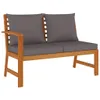 A wooden garden bench with gray cushions, shown against a white background. Produktbild-Vorschau