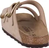 A close-up, rear view of a beige Birkenstock sandal with gold buckles. Produktbild-Vorschau