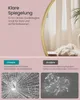 A marketing image for a round mirror, showing its reflective quality and comparing its safety features to conventional glass. Produktbild-Vorschau