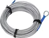 A coiled steel cable with blue protective sleeves on the ends and black Velcro straps holding it together, presented on a white background. Produktbild-Vorschau
