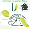 A product image showcasing a climbing dome with a slide and fabric platform, with close-up insets highlighting safety features and construction details. Anteprima dell’immagine prodotto