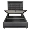 A grey upholstered bed frame with the mattress support mechanism open, revealing storage space underneath. Produktbild-Vorschau