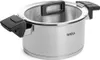 A stainless steel pot with black handles and a lid. Produktbild-Vorschau