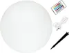 A white spherical garden light with accessories including a remote control, power cord, and ground stake, all on a white background. Podgląd zdjęcia produktu