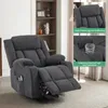 A collage of images showing a dark gray recliner chair with various features highlighted. Produktbild-Vorschau
