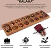 A wooden Kalaha board game with colorful stones, accompanied by descriptive text and icons. Produktbild-Vorschau