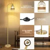 A collage of images showing different features of a gold floor lamp, including its lampshade, foot switch, base, and socket, with some lifestyle shots. Anteprima dell’immagine prodotto