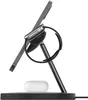 A charging stand for electronic devices, including a smartphone, smartwatch, and wireless earbuds. Produktbild-Vorschau