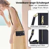 A woman wearing a dress is shown with a black crossbody bag. Close-up shots of the bag's strap and zipper are also displayed. Produktbild-Vorschau
