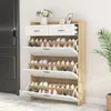 A shoe cabinet with multiple shelves and drawers, filled with shoes, placed next to a door and a plant. Anteprima dell’immagine prodotto