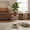 A plant on a small table in a living room with a rug and a bench in the background. Produktbild-Vorschau