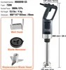 A product image displaying an immersion blender with its accessories and specifications. Voir les images du produit