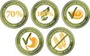 Five circular badges with text and icons related to pet food features. Produktbild-Vorschau