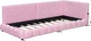 A pink upholstered bed frame with a hexagonal quilted headboard and a scalloped base, shown from a diagonal angle. Náhled obrázku produktu