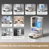 Collage of images and diagrams illustrating features of a robot vacuum cleaner and its docking station. Produktbild-Vorschau