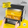 A black air fryer with yellow graphics indicating capacity and dimensions, held by hands. Produktbild-Vorschau