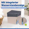 A dehumidifier box sits on a washing machine, with a close-up inset showing the water level indicator. Podgląd zdjęcia produktu