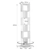 A white, multi-tiered rotating bookshelf with dimensions indicated. Produktbild-Vorschau