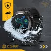 A smartwatch is shown with water splashing around it, suggesting water resistance. There are also icons indicating water protection. Podgląd zdjęcia produktu