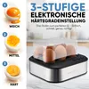 An electronic egg cooker is shown with different stages of cooked eggs and promotional text. Náhled obrázku produktu