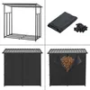 A collage of images showing a metal firewood rack, a folded cover with ties, and the covered firewood rack from the front and side with the cover open. Voir les images du produit