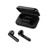 A pair of black wireless earbuds and their charging case are displayed against a white background. Produktbild-Vorschau