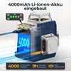 A cutaway view of a laser level showing its internal battery and charging port, with marketing text highlighting its features. Produktbild-Vorschau