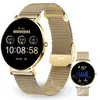 A gold smartwatch with a mesh band is displayed against a white background. A smaller inset image shows a different screen on the same watch. Produktbild-Vorschau