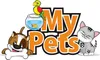 A cartoon illustration of a dog with a bone, a parrot on a fishbowl, and a cat with a registered trademark symbol on its collar, with the text "My Pets" in large orange letters. Produktbild-Vorschau