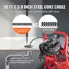 A marketing image showing a pipe cleaning machine with a close-up of its steel core cable and a comparison to a hollow cable. It also illustrates how the cable navigates through pipes. Podgląd zdjęcia produktu