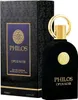 A black bottle of PHILOS OPUS NOIR Eau de Parfum is shown next to its packaging. Voir les images du produit