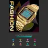 A close-up shot of a gold digital watch with a blue display, set against a dark, abstract background with colorful accents. The image also includes a section detailing the watch's functions. Produktbild-Vorschau