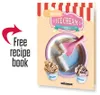A marketing image for a rolling ice cream grill, showing the product and two cups of ice cream, with text promoting a free recipe book. Podgląd zdjęcia produktu