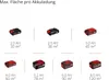 A grid showing different sizes of rechargeable batteries and the corresponding maximum area they can cover per charge. Produktbild-Vorschau