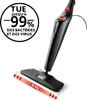 A black steam mop is shown against a white background, with a circular graphic on the left highlighting its germ-killing capabilities. Produktbild-Vorschau
