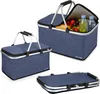 A collage of three images showing a blue picnic basket in different states: closed, open with food and drinks, and folded flat. Voir les images du produit