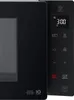 A close-up, front-facing view of a black LG microwave oven's control panel and a portion of its door. Produktbild-Vorschau