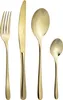 A set of gold-colored cutlery, including a fork, knife, and two spoons, arranged against a white background. Anteprima dell’immagine prodotto
