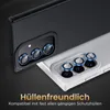 Close-up view of two smartphone camera lens protectors, one on a black phone and one on a white phone, with German text overlay. Produktbild-Vorschau