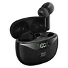 A pair of black wireless earbuds in an open charging case, with a digital display showing battery status. Produktbild-Vorschau