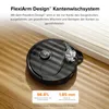 A black robot vacuum cleaner is shown on a wooden floor next to a white baseboard, highlighting its edge cleaning capabilities. Produktbild-Vorschau