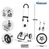A collage of images showing a shopping trolley, its dimensions, and close-ups of its parts and features. Produktbild-Vorschau